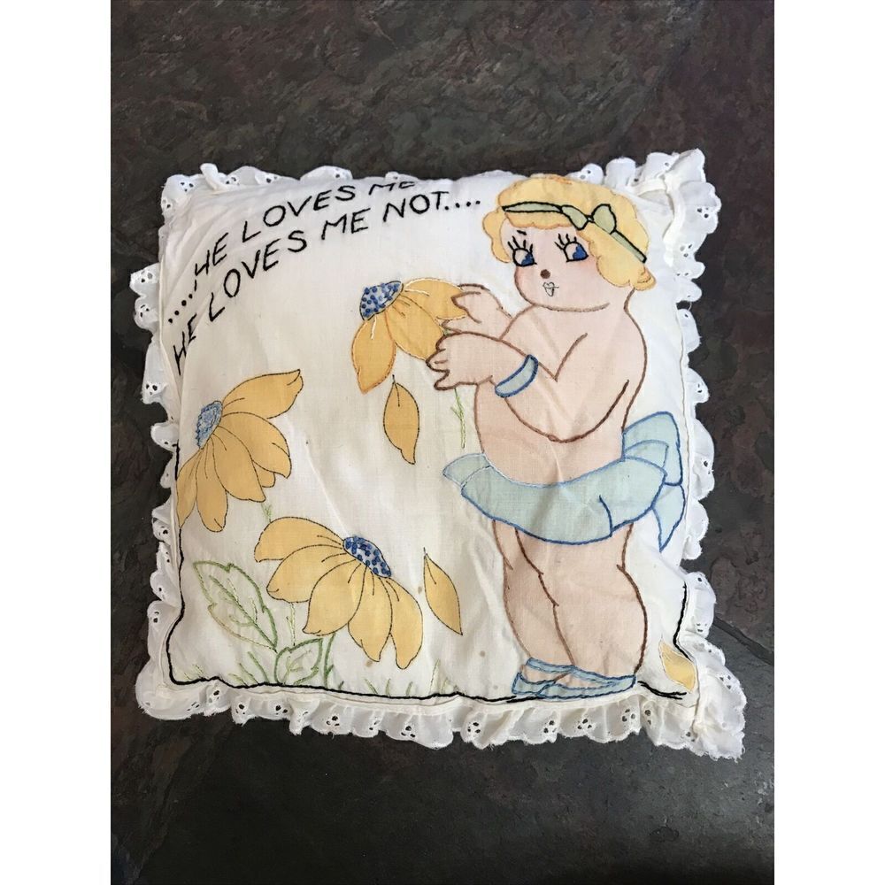 Antique Embroider Pillow He Loves Me He Lives Me Not... Daisy 12 X 12